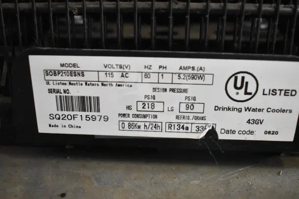 SOBP210ESNS top load water cooler label showing 115V, 60Hz, 1 phase, serial number SQ20F15979, UL listed for Nestle Waters.