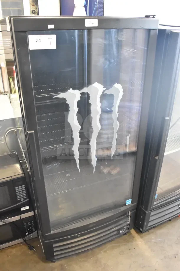 IDW GCG-10-F334B commercial cooler, single glass door, Monster Energy branding, 115V, good condition.