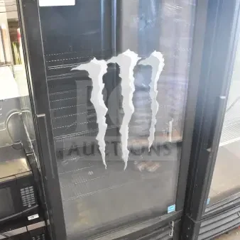 IDW GCG-10-F334B commercial cooler, single glass door, Monster Energy branding, 115V, good condition.