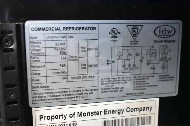 IDW GCG-10-F334B commercial single door reach-in cooler label showing model, voltage, and specifications.