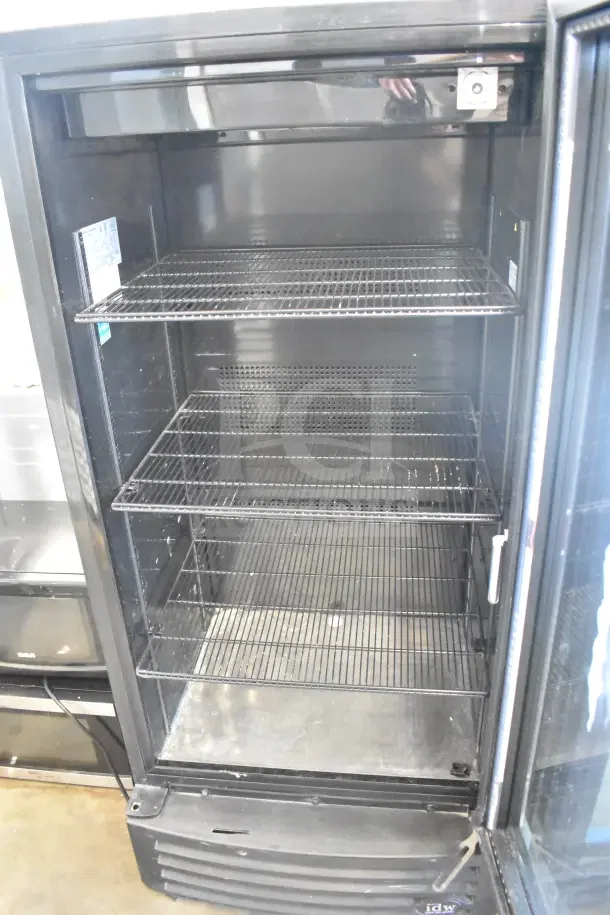 IDW GCG-10-F334B single door reach-in cooler, commercial use, 115 volts, 1 phase, interior shelving, good condition.