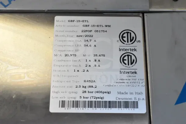 2022 Desmon GBF-15+ETL Stainless Steel Commercial Blast Chiller, 4 probes, 220V, 3-phase, with ETL and Intertek certifications.