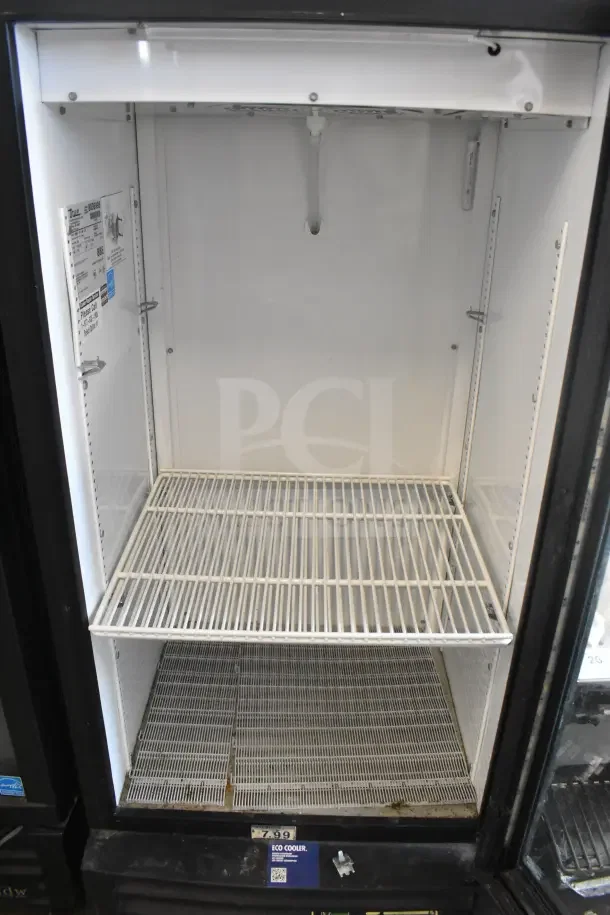 True GDM-10-HC-LD mini cooler merchandiser in used condition. Features adjustable shelving, label inside indicates 115 volts, 1 phase.