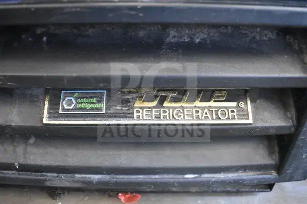 True GDM-10-HC-LD mini cooler merchandiser, 115V, 1-phase. Features natural refrigerant label, brand emblem visible.
