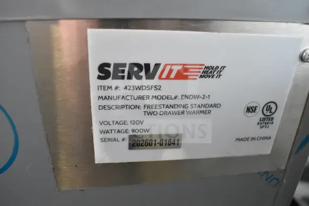 Brand new ServIt 423WDSFS2 commercial drawer warmer label, 120V, 900W, serial 202601-01841, NSF and UL listed.