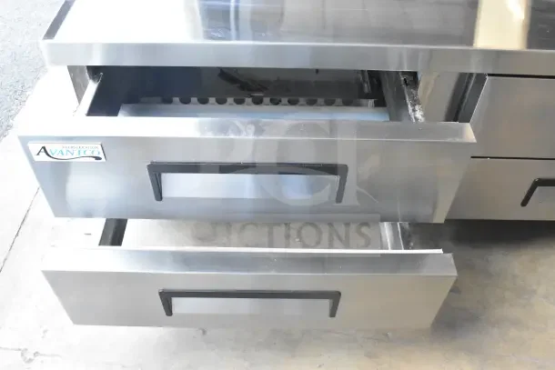 Brand new Avantco 178CBE72HC commercial chef base, 4 drawers, stainless steel, on casters, 115V, 1 phase, scratch and dent.