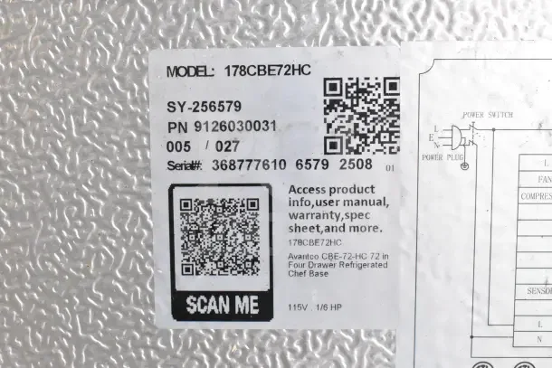 Avantco 178CBE72HC commercial chef base label with QR codes, model, serial number, specs, and access info.