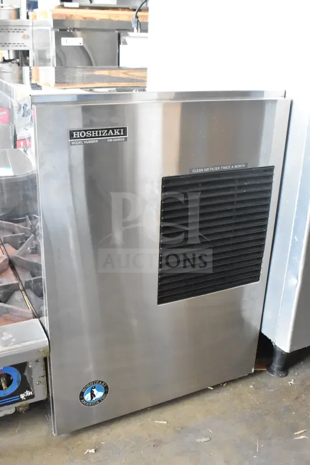 Hoshizaki KM-500MAE commercial ice machine head, 115-120V, 1 phase, stainless steel, good condition, with manufacturer logos.