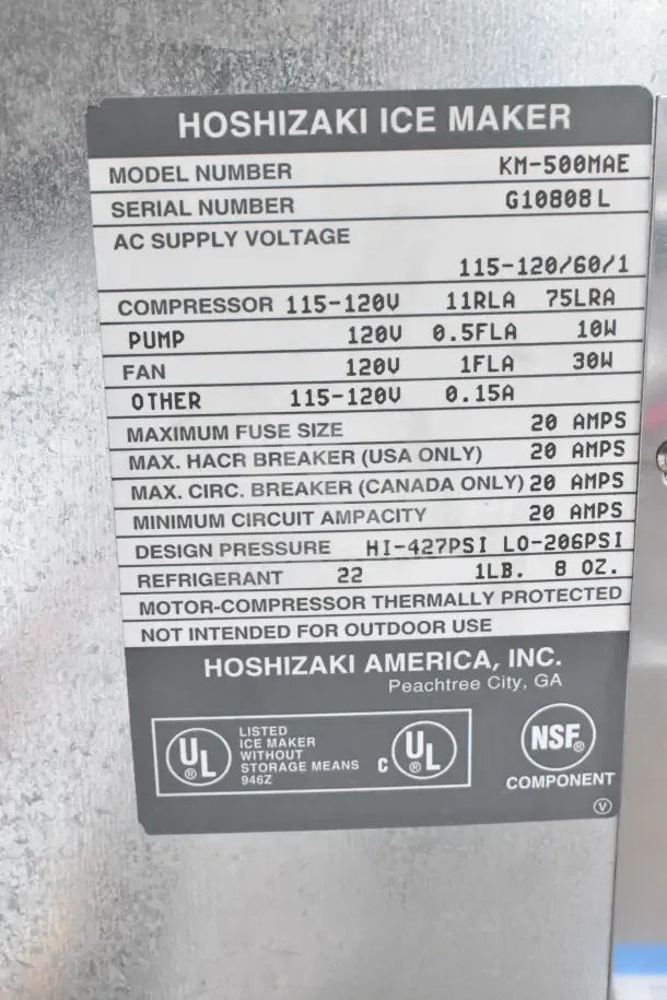 Hoshizaki KM-500MAE commercial ice machine, 115-120V, 1 phase, with specifications label visible.