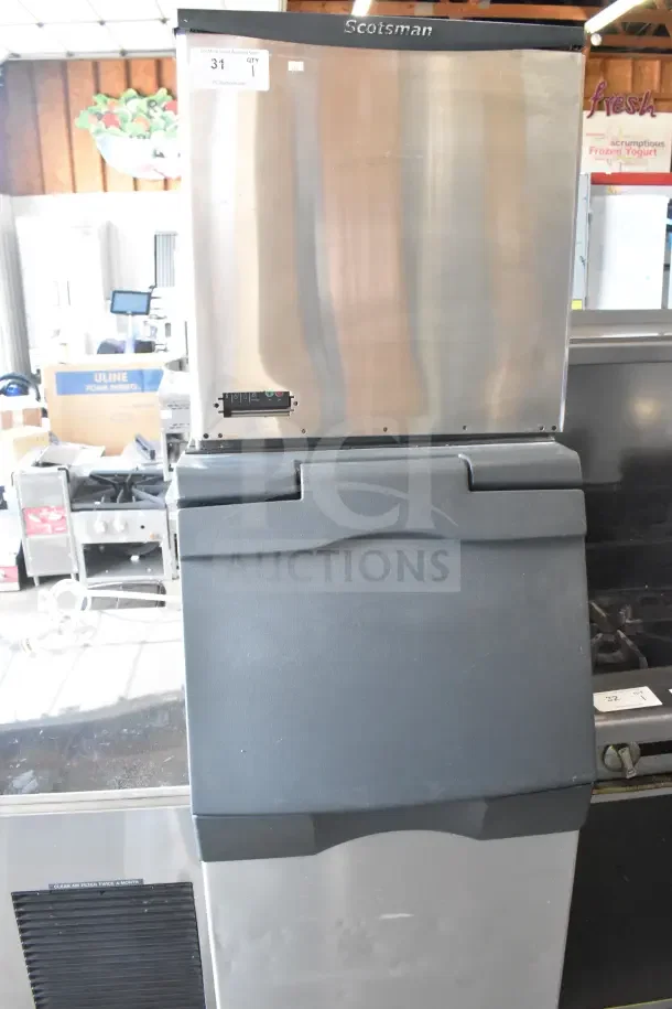 2016 Scotsman C0522MW-1D commercial ice machine head on bin, 115 volts, 1 phase, stainless steel, good condition.