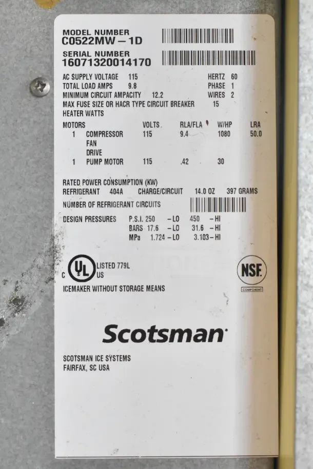 2016 Scotsman C0522MW-1D Ice Machine Head, 115 Volts, 1 Phase, on Commercial Bin. Tagged with specs and certifications.
