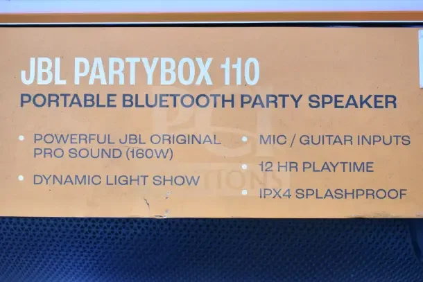JBL Partybox 110 portable Bluetooth speaker display with features: 160W sound, dynamic light show, mic/guitar inputs, 12 hr playtime, IPX4 splashproof.