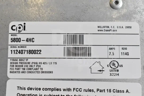 Crane 5800-4HC Commercial Vending Machine label, serial 112407180022, 115VAC, 7.5 amps.