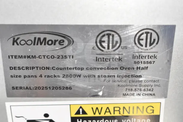 KoolMore KM-CTCO-23STI convection oven label showing model, half-size pan compatibility, 2800W power, steam injection.