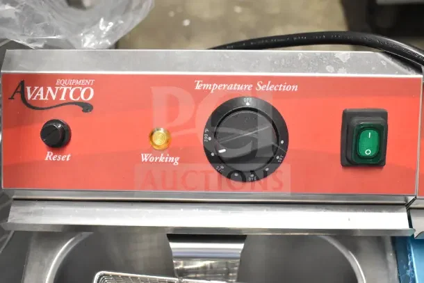 Brand new Avantco 177F202, 30 lb. dual tank electric countertop fryer control panel with temperature dial, reset button, and indicators.