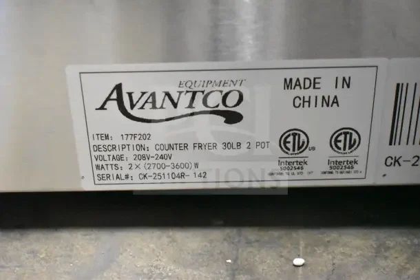 Avantco 177F202 30 lb. dual tank fryer label, 208-240V, 2700-3600W, serial CK-251104R-142. Made in China. ETV certified.