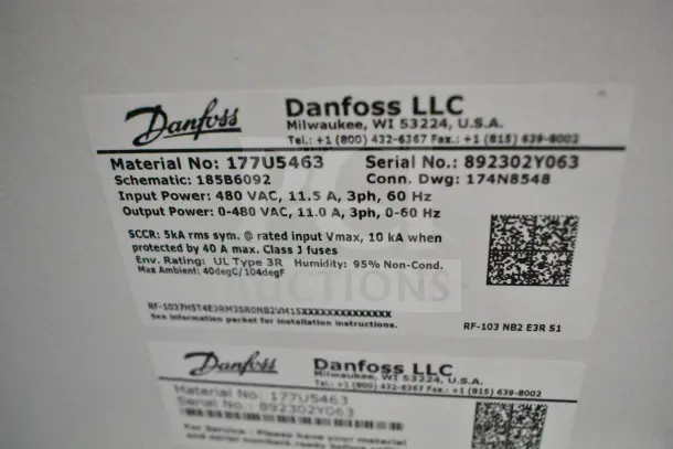 Danfoss 177U5463 Commercial Unit, 480V, 3 Phase, serial no. 892302Y063. UL Type 3R rating, Class J fuses.