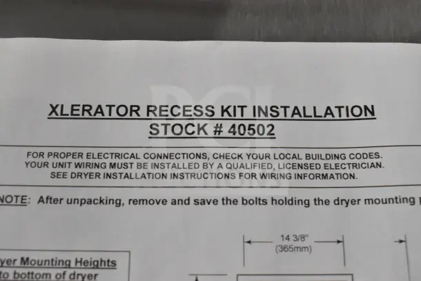 BRAND NEW SCRATCH AND DENT Xlerator Recess Kit. Installation paper showing stock #40502. Instructions detail electrical requirements.