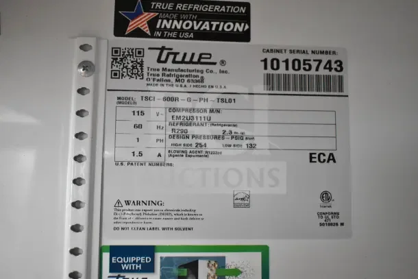 2021 True TSCI-600R-G-PH Commercial Cooler, 115V, 1 Phase. Features model and serial number labels.