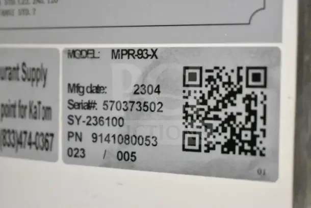 2023 MoTak MPR-93-X pizza prep table label, showing model, manufacturing date, serial number, and QR code for details.