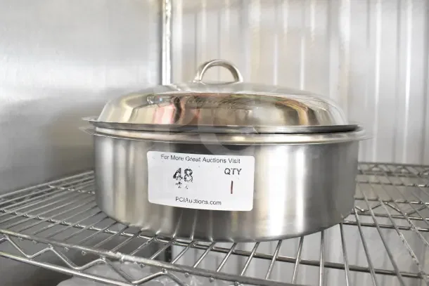 Acopa 922EC14WP Round Water Pan with lid, stainless steel, excellent condition, auction label visible on side.
