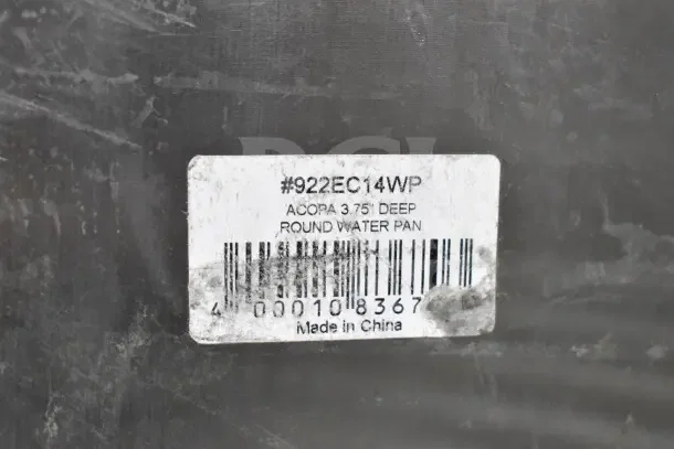 Acopa 922EC14WP round water pan with lid, 3.75" deep, barcode and "Made in China" label, slight wear visible.