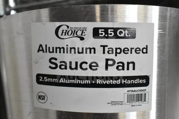 6 Choice 471SAUC55QT 5.5 Qt. Tapered Aluminum Sauce Pans, brand new with minor scratches, 2.5mm thickness, riveted handles.