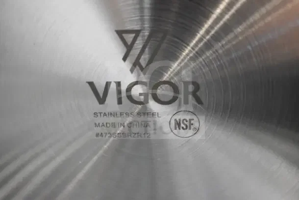 Vigor 473SSBRZR12 SS1 Series 12 Qt. stainless steel brazier, aluminum-clad bottom, stamped NSF, made in China.