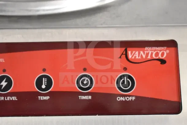 Avantco 177IWC35 countertop wok induction range, power display with controls for power level, temp, timer, and on/off.