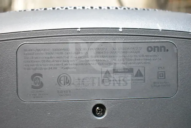 Onn Large Party Speaker Store Display, Model 100094813, 100V-240V input, FCC and Intertek certified, IPX4 rating, 2500mAh battery.