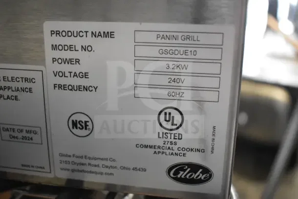 BRAND NEW Globe GSGDUE10 Bistro Series Double Sandwich Grill, 20" x 10" smooth plates, 208/240V, 1 Phase, NSF and UL listed.