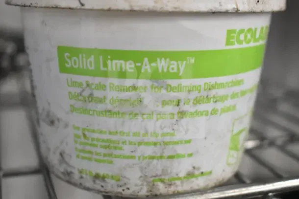Solid Lime-a-way bin by Ecolab for deliming dish machines, visible wear, 4 lb. container. Seven items total in auction.