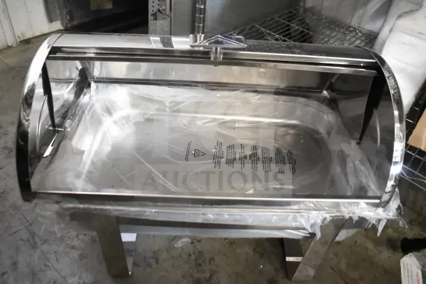 Stainless steel countertop roll top chafer, new condition, clear lid, includes instructions, ideal for catering or buffets.