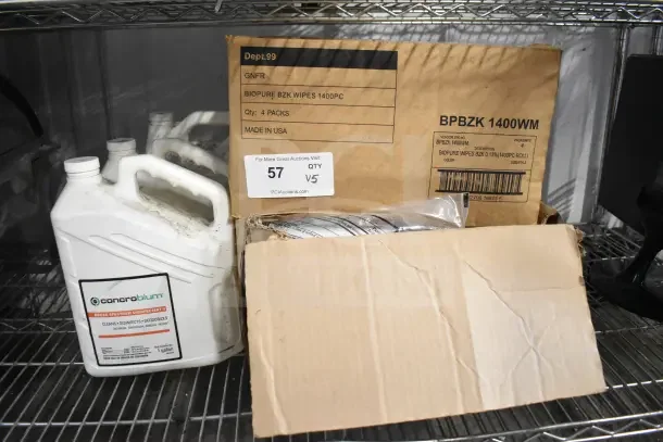 5 items including Concrobium disinfectant and Biopure wipes. Includes 1-gallon jug and Biopure box label indicating 1400 wipes.
