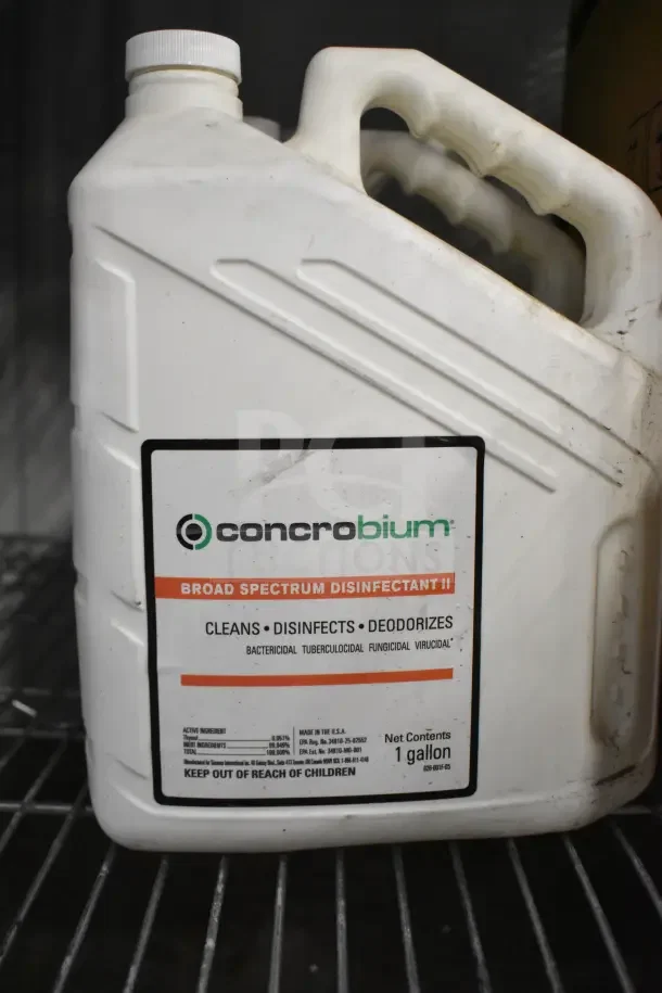 Concrobium Broad Spectrum Disinfectant, one-gallon bottle, cleans, disinfects, deodorizes; label details included.