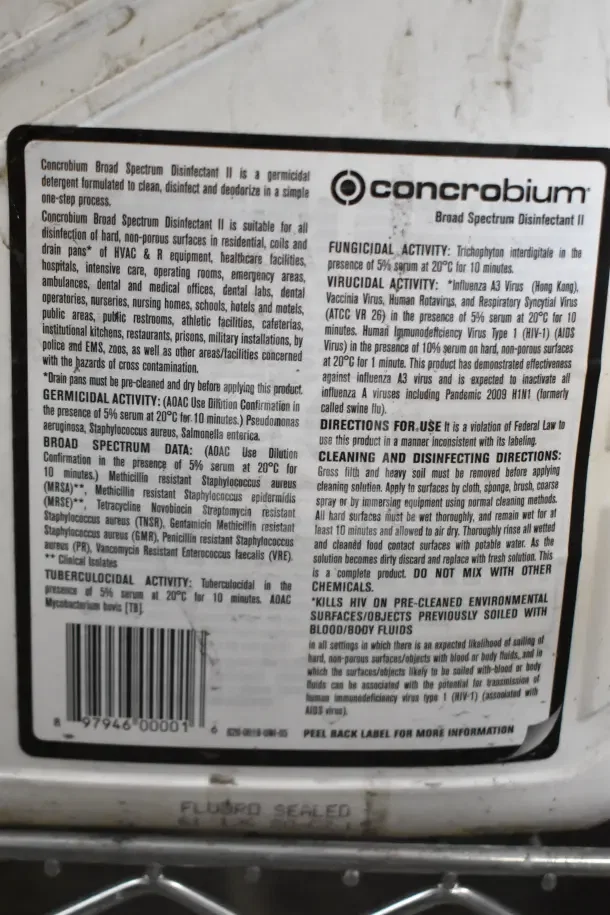 Concrobium Broad Spectrum Disinfectant label detailing usage, germicidal, fungicidal activity, and cleaning directions.