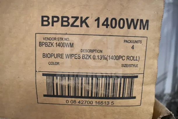 Cardboard box labeled "BPBZK 1400WM" with vendor stock number for Biopure Wipes, 0.13% BZK, 1400pc roll, pack units 4.