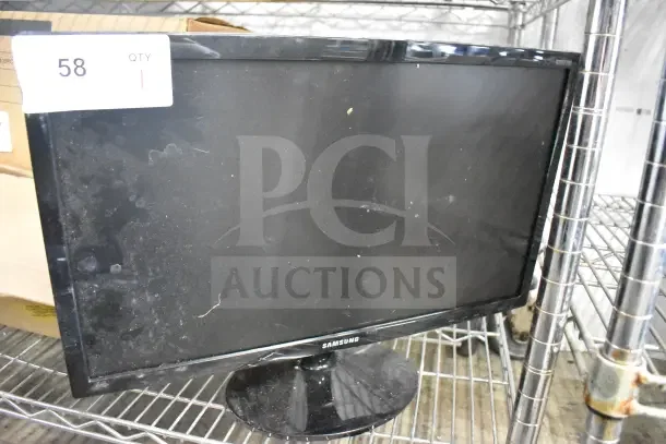 Samsung S22D300HY monitor, black, with visible screen dust, on a wire shelf, item tag number 58, quantity 1.