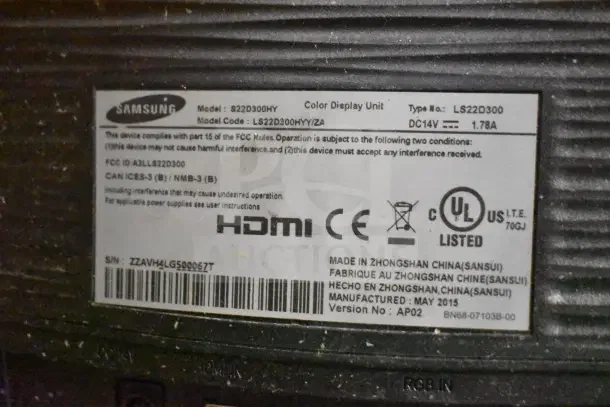 Samsung S22D300HY monitor label showing model, serial number, HDMI, CE, and UL logos, made in Zhongshan, China.