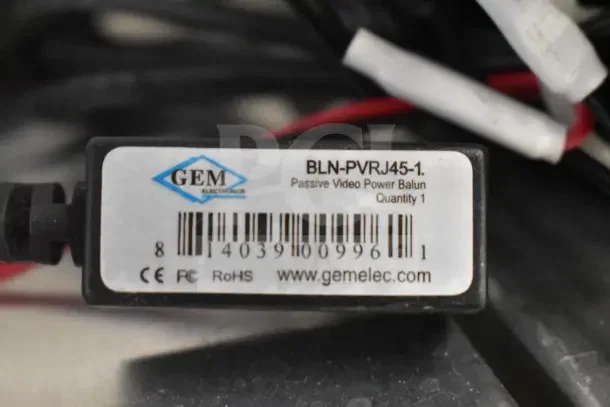 Label on GEM Electronics BLN-PVRJ45-1, Passive Video Power Balun. CE, FC, RoHS certified, barcode, website link.