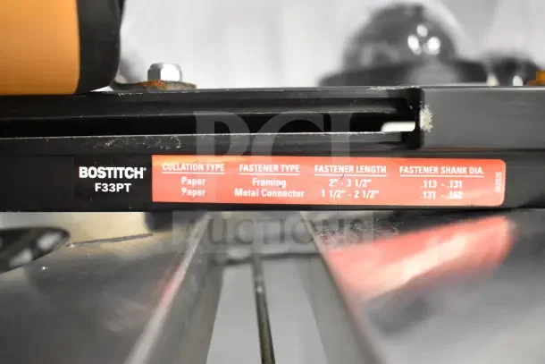 2 Bostitch F33PT framing nailers, label shows collations, fastener types, lengths, and shank diameters, indicating versatility.