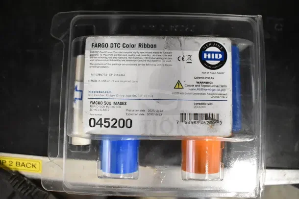Fargo DTC color ribbon, 500 images capacity, compatible with DTC4500 printer. Includes genuine HID label and warnings.
