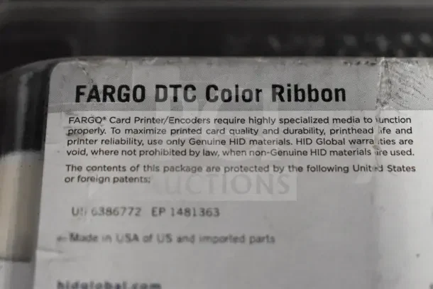 Fargo DTC color ribbon, specialized media for printer/encoders, made in USA, new condition, includes patent details.