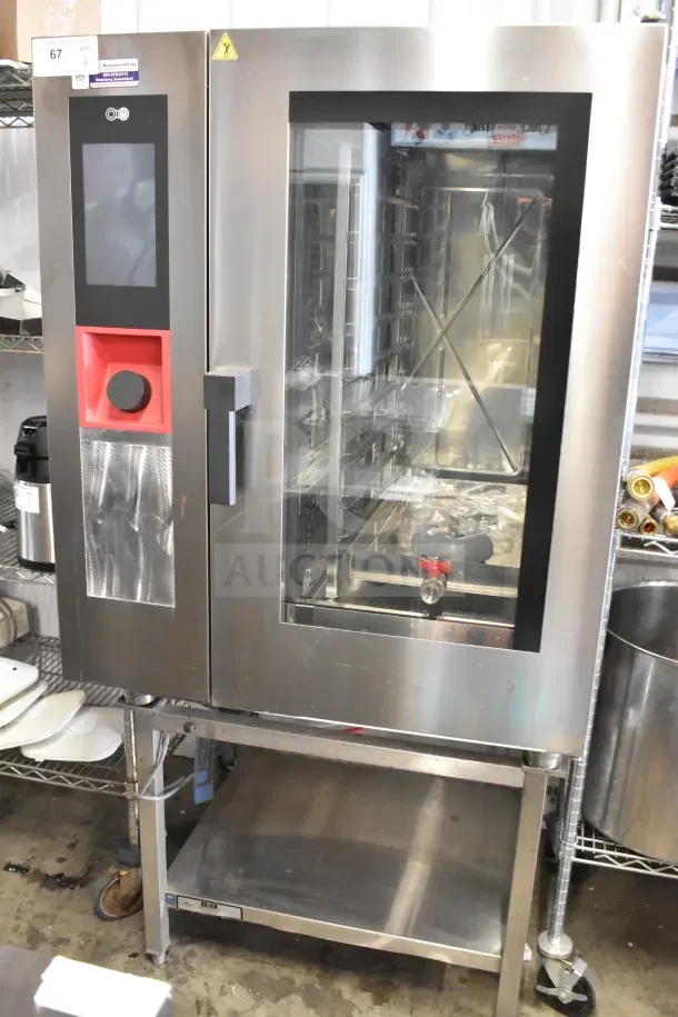 Bakers Pride AETG101R combi convection oven, stainless steel, natural gas, on equipment stand, excellent condition.