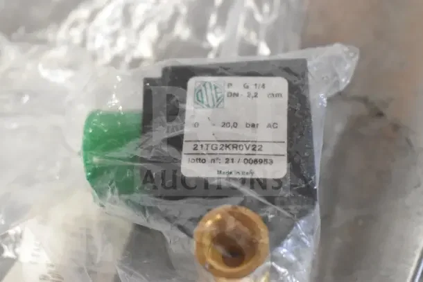 Motor and 21TG2KR0V22 unit, labeled with specs including G 1/4, DN 2.2 mm, 0-20.0 bar AC. Made in Italy.