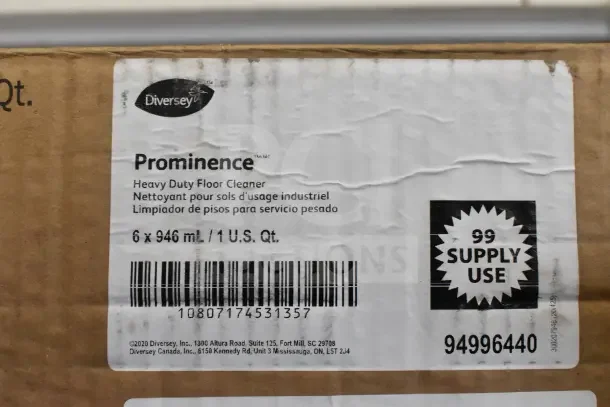 Diversey Prominence Heavy Duty Floor Cleaner, 6 x 946 mL per box, labeled for supply use.