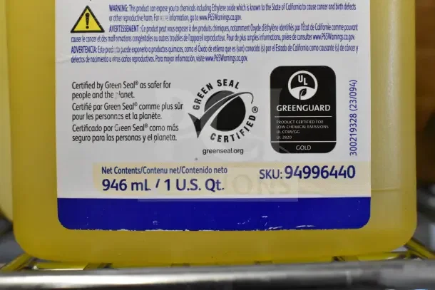 Close-up of Diversey Prominence Heavy Duty Floor Cleaner label; Green Seal and GREENGUARD certified, 946mL, SKU 94996440.