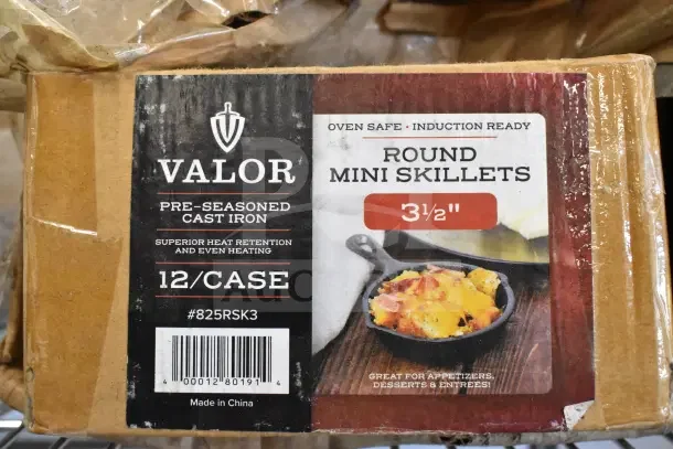 Valor pre-seasoned cast iron round mini skillets, 3.5-inch, oven safe, induction ready, 12 per case, made in China.