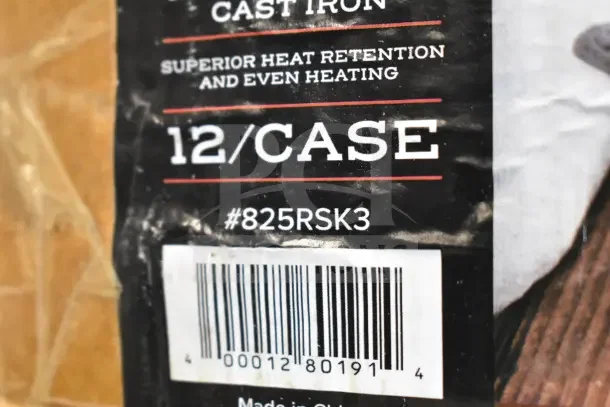 Label of 12/case cast iron item with barcode and model number 825RSK3, noted for superior heat retention.