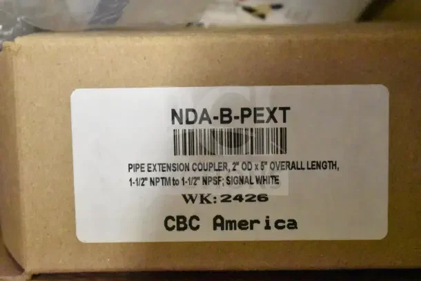 Box of NDA-B-PEXT Pipe Extension Couplers, 2" OD x 5" length, 1-1/2" NPTM to NPSF, Signal White, by CBC America.